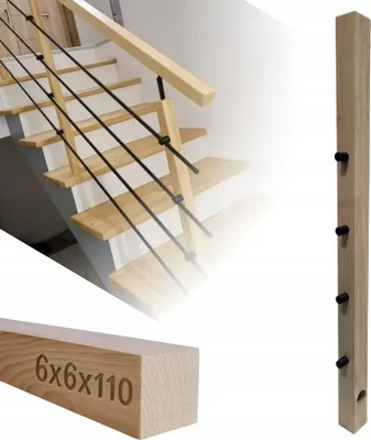 Obrázek produktu pro Čtvercové dřevo - Dřevěný sloupek - pro zábradlí - 6x6x110 cm - Bukové dřevo - Kompletní montážní sada - Průchozí madla pro trubky s ⌀ 12mm