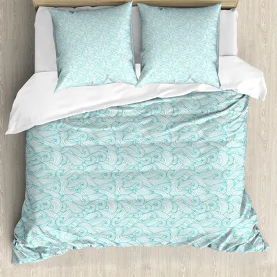 Produktbild von ABAKUHAUS Türkis Bettbezug Set, Ozean-themenorientierte Wellen-abstrakte Strudel Curlicues-Linien dekorativer Weinlese-Sommer, 200 x 200 cm + 80 x 80 cm, Blassblau Weiß