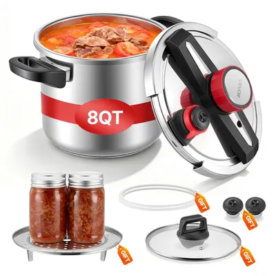Immagine prodotto di VEVOR Pentola a pressione 7 L, pentola a vapore in acciaio inossidabile con cestello per cottura a vapore e coperchio in vetro temperato, 3 livelli di pressione per carne, fagioli, riso, zuppe e salse, pentola a pressione fino a 100 kPa