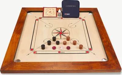 Produktbild von Toernament Carrom spiel - 12 kg. Hartholz India - mit Tisch und Tasche - ®️Designed in UK - wunderschön verarbeitet - Qualität und Klasse – ECO India