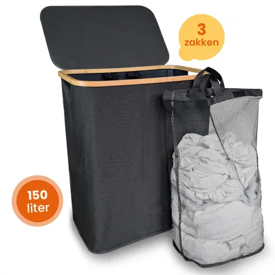 A black laundry sorter with a lid and three removable mesh bags, with text overlays indicating capacity and quantity.