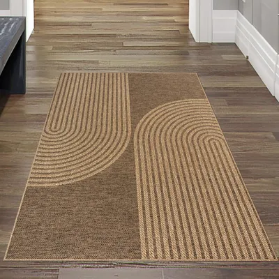 Image de Tapis moderne beige-marron pour l'intérieur et l'extérieur, avec motif en arc - Dimensions : 60 x 180 cm