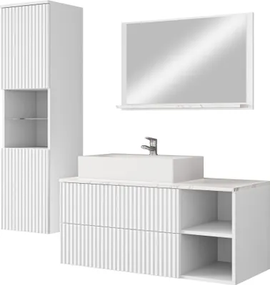 Produktbild von MIRJAN24 Badmöbel Kertos Rillen II, 4er-Set Badmöbel-Set, Spiegel, Waschbeckenschrank, Waschbecken, Fronten gefräst, Spihon (Farbe: Weiß / Weiß + Marmor Bianco)
