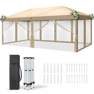 Image de FCH Pavillon pliable 3 x 6 m, pavillon pop-up avec 6 parois latérales, imperméable, protection UV, pavillon de jardin, kaki