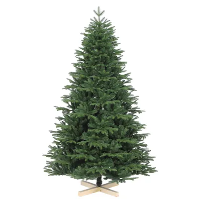 A full shot of a green artificial Christmas tree on a white background.