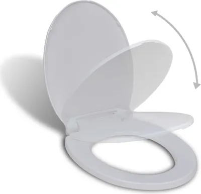 A white toilet seat and lid are shown, with the lid in a partially open position, indicating its soft-close feature.