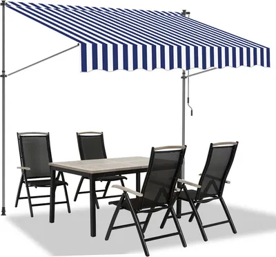 Obrázek produktu pro Clanmacy Klemmmarkise 300x120cm Markýza Výškově nastavitelná balkonová markýza s ruční klikou Ochrana před sluncem bez vrtání pro terasu a balkon Modrá Bílá