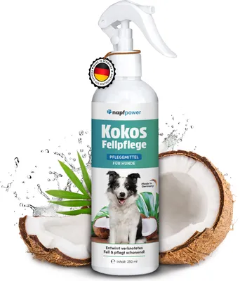Produktbild von napfpower Fellpflege Hund mit Kokosduft (250 ml ) - Fellspray für Hunde - Entfilzungsspray für leichtere Kämmbarkeit & sanfte Fellpflege