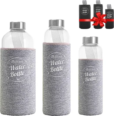 Produktbild von Water Bottle-SET: Trinkflaschen in 3 Größen mit Hüllen-Sets (schwarz+grau)