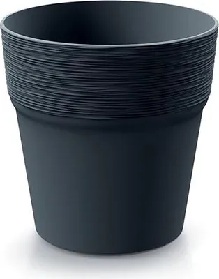 A dark gray plant pot is shown against a white background.