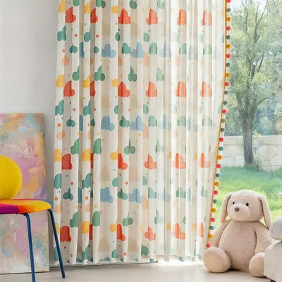Produktbild von 2 Stück Vorhänge Leinenoptik Bunt Wolkenmuster mit Pompons Lichtfilterung Gardinen Multifunktionsband für Kinderzimmer Schlafzimmer, B132xH175cm