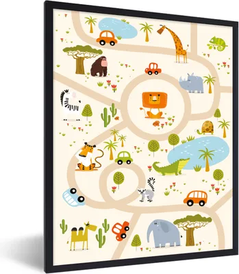 Produktbild von MuchoWow® Gerahmtes Poster Safari - Auto - Kinder - Beige 60x80 cm - Poster mit Schwarzem Bilderrahmen Wandposter Rahmen Foto Bilder - Premium - Wanddeko Wohnzimmer