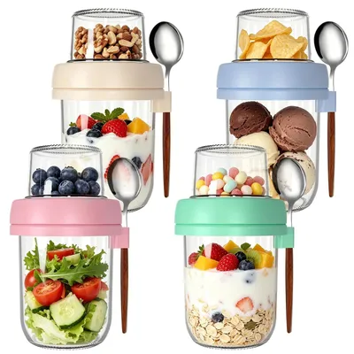 Produktbild von Set von 4 Müsli-Bechern to go mit Deckel und doppelwandigem Design
