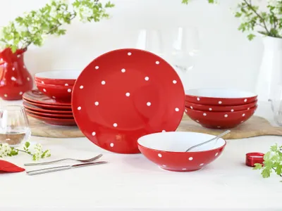 A set of red and white polka dot tableware is arranged on a white surface, with some greenery and flowers in the background.