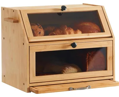 Produktbild von Brottopf Bambus - 2-stöckige Brotbox - Mit Schneidebrett - Sichtfenster - Brotaufbewahrung 39x26x33 cm - Natur Holzfarbe