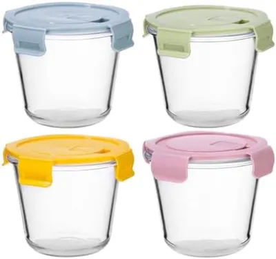 Produktbild von PolkaHome® Gläserne Vorratsdosen mit Deckel 4er-Set runde Behälter 700 ml mikrowellen- gefrier- und spülmaschinengeeignet BPA-frei