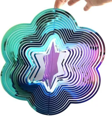 Produktbild von Metallischer Windspinner mit Lichteffekt - 3D-Design - Geschenk für Haus und Garten - Roternd - Glanzend - 3D-Metall - Zespuntige Sterne - Begrüßung für Haus und Garten - Windgong