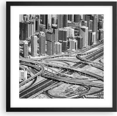 Produktbild von Gerahmtes Poster - Schwarzer Rahmen - Stadt Wolkenkratzer Autobahn - 40x40 cm - Wand Bild - Wanddeko - Wandbilder - Kunstposter - Wandposter - Bilderrahmen - Bilder - Kunstdruck - P2BAC40x40-5065
