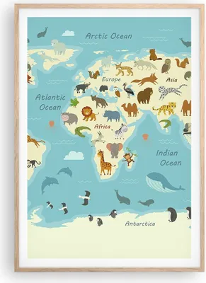 Produktbild von Gerahmtes Poster - Rahmen in heller Eiche - Tiere die Welt Karte - 70x100 cm - Wand Bild - Wanddeko - Wandbilder - Kunstposter - Wandposter - Bilderrahmen - Bilder - Kunstdruck - P2NPA70x100-4860