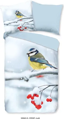 A duvet cover set featuring a blue tit bird on a snowy branch with red berries.