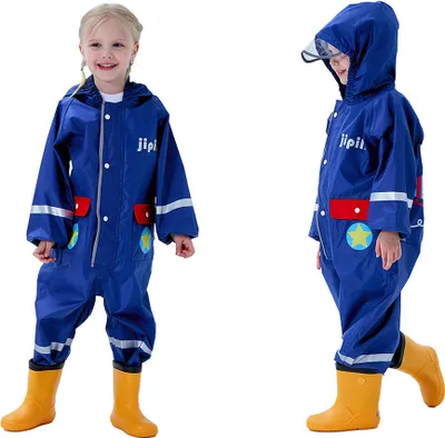 Produktbild von Regenmantel Mädchen Jungen Wasserdichter Regenanzug mit Kapuze Atmungsaktiv Leicht Einteiliger Overall Regenjacke Regenhose mit Reflektorstreifen und Animalprint für Uni Kinder 90-110 cm