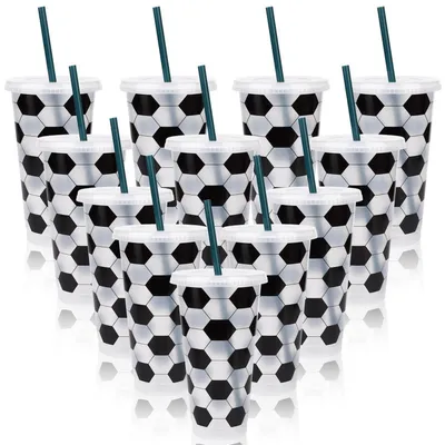 Image de 10 gobelets de football, 24 oz (environ 710 ml), réutilisables, avec couvercle et paille, noir et blanc