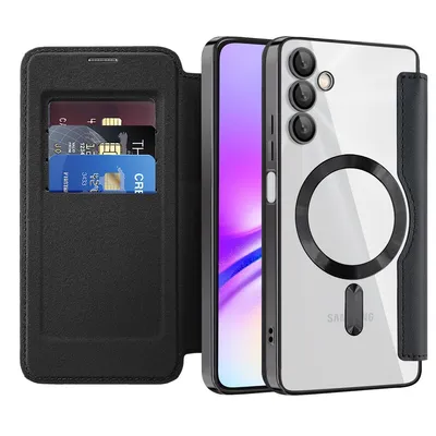 Image de Etui pour Samsung Galaxy A05S compatible avec MagSafe, étui transparent avec porte-cartes, étui en cuir avec protection de l'appareil photo noir