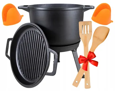 Zdjęcie produktu dla Kociołek 3w1 ŻELIWNY garnek myśliwski patelnia 11l na ognisko grill stojak