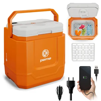 Produktbild von Peme Elektrische Kühlbox Trip Orange - Auto Camping, Kühlschrank, Bluetooth, Lautsprecher leise, Wärmebox Mini-kühlschrank, PKW LKW Reise, Zelt, USB