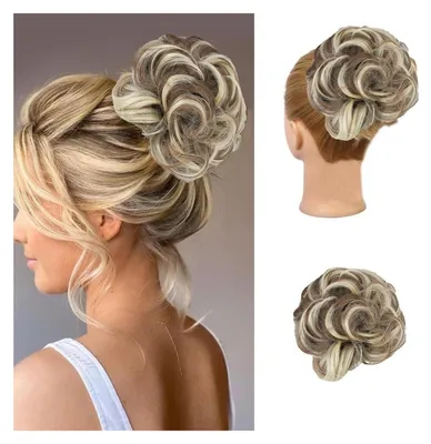 Image de Pièce de cheveux avec élastique, bouclée, style "chignon désordonné", synthétique, extension de cheveux, queue de cheval, couleur marron