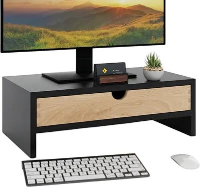 Produktbild von PolkaHome® Monitorständer mit Schublade, Holz Monitor-Erhöhung, Schwarz – Ergonomischer Bildschirmständer mit Aufbewahrung, 41,5 x 23