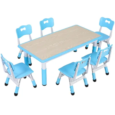 Produktbild von Verstellbarer Kindertisch und 6 Stühle Set, strapazierfähiges Kunststoffholz, modernes Design, 47/lili2 (L) * 23/lili6 (B) * 18/lili9 / 23/lili6 (H)/li/ul/div