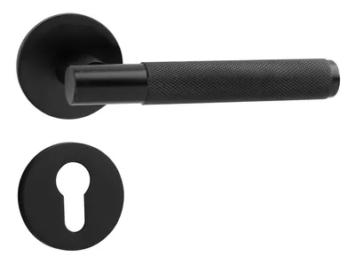 A black door handle set with a keyhole rosette, presented on a white background.
