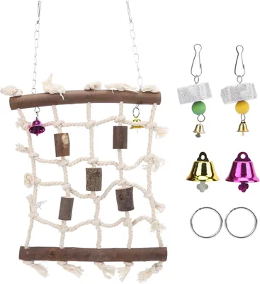 Produktbild von 3 Stück Sittichspielzeug, Holzblock, Baumwollseil, Kletternetz mit Backensteinschnüren, Schaukel für Vögel