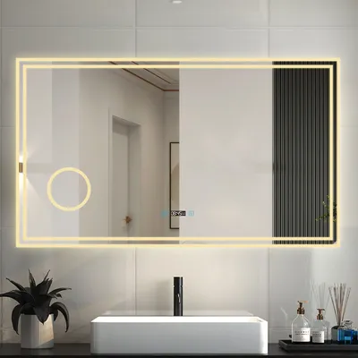 Produktbild von Badspiegel mit Beleuchtung 120x70 cm Uhr, 3X LED Make-up Spiegel, Kalt/Neutral/Warmweiß dimmbar LED Spiegel Touch Beschlagfrei