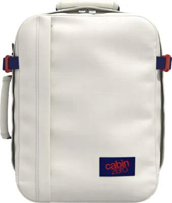 A white Cabin Zero adventure daypack is shown from the front.