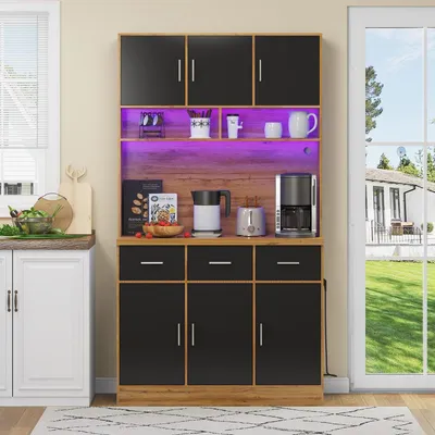 Image de Buffet multifonctionnel noir et naturel, équipé de LED, de prises électriques, de tiroirs, d'étagères, dimensions : 180 cm