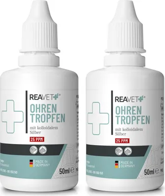 Produktbild von REAVET Ohrentropfen mit kolloidalem Silber 2 x 50ml I Für Hunde und Katzen I  bei Ohrentzündungen, Juckreiz, Keime, Pilze und Bakterien, Ohrenpflege, Ohrenhygiene, Gesunde Ohren