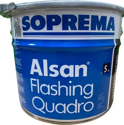 A close-up shot of a blue metal bucket containing a waterproofing product.