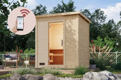 Produktbild von Karibu Saunahaus Außensauna Gartensauna Hytti 1 + 9kw Ofen finnisch und HUUM WIFI Steuergerät Sparset 196 x 146 cm Farbe: Naturbelassen