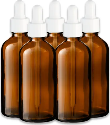 Produktbild von 5x Braune Glasflasche 100 ml mit weißer Pipette Tropfen leer 18 mm