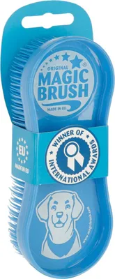 A blue dog brush with packaging, showing branding and awards.