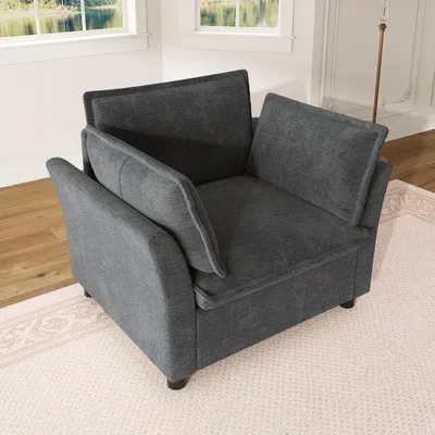 Produktbild von Moderner Einzelsessel mit Armlehnen aus Chenille-Stoff, weicher Rücken- und Armlehnenpolsterung, Grau, für Wohnzimmer, Apartment, Büro und kleine Räume