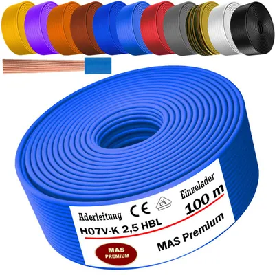 Image de Câble électrique unipolaire H07 V-K, section 1x2,5 mm², bleu clair, flexible. Longueur : 100 mètres