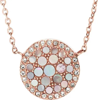 A close-up studio shot of a rose gold necklace with a circular pendant.