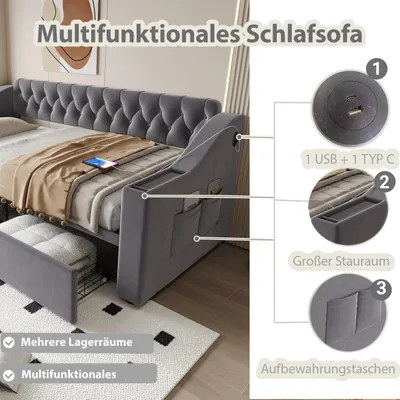Image de Merax Lit rembourré Lit de jour 90×190cm avec prise de charge USB, accoudoirs avec tablette et tiroir, canapé-lit Lit d'enfant Tissu velours, gris