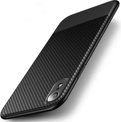 A black iPhone XR case with a carbon fiber texture is shown at an angle on a white background.