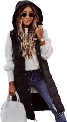 Produktbild von ASKSA Damen Daunenweste Lang Winterjacke Daunenjacke Warm Weste Jacke mit Kapuze Steppjacke, Schwarz, M
