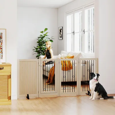 Zdjęcie produktu dla Samodzielna, składana bariera dla psów z drzwiami, bariera dla psów z 4 panelami, MDF i stal, dąb | szerokość 205 cm | wysokość 91,5 cm | kształt litery Z