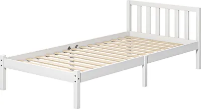 Image de Structure de lit en bois de pin, lit simple avec sommier à lattes et tête de lit, couleur blanche | Espace de rangement de 23 cm sous le lit | 90 x 200 cm